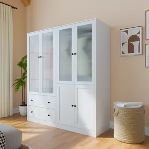 【2 Packages Delivery】VOWNER 71'' White Wardrobe Closet with Fluted Glass Door, 2 Drawer & Shelf, Wood Armoire Storage Cabinet for Bedroom