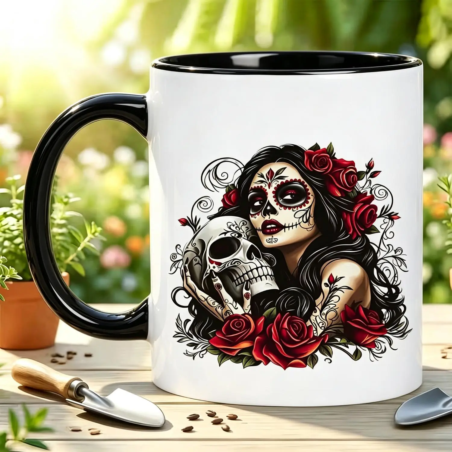 Gothic Sugar Skull Lady Mug with Red Roses - Ceramic Cup Suitable for Day of the Dead Gifts