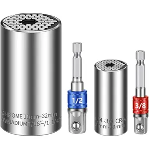 Universal Socket Set (7-19mm 11-32mm) Super Socket For Unscrew Any Bolt Tools with 3/8" 1/2" Power Drill Adapters Super Sockets Multi-function Tool Gifts for Dad, Husband and Men 4PCS