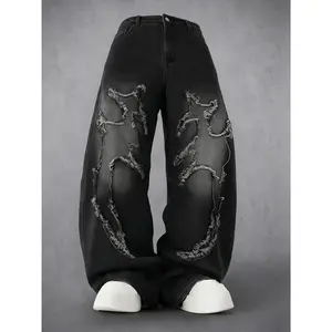 Men's Black Washed Star Frayed Patchwork Wide Leg Jeans Cotton Blend Baggy Denim Streetwear Pants