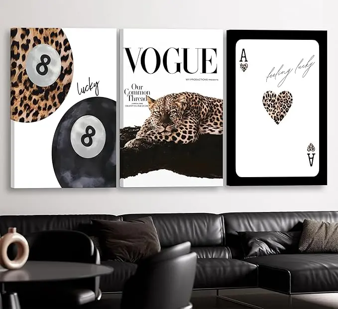 Set of 3 Leopard Wall Art Preppy Room Aesthetic Cheetah Cheetah posters Prints Funky Lucky 8 Ball Wall Decor Pictures for Girls Bedroom Apartment Dorm Decoration NoFrame