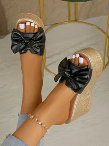 Women's Summer High Heel Sandals, PU Leather Bow Decor, Open Toe Platform Thick Sole Wedge Slippers, Lightweight Multi-Color Plus Size Shoes, Footwear