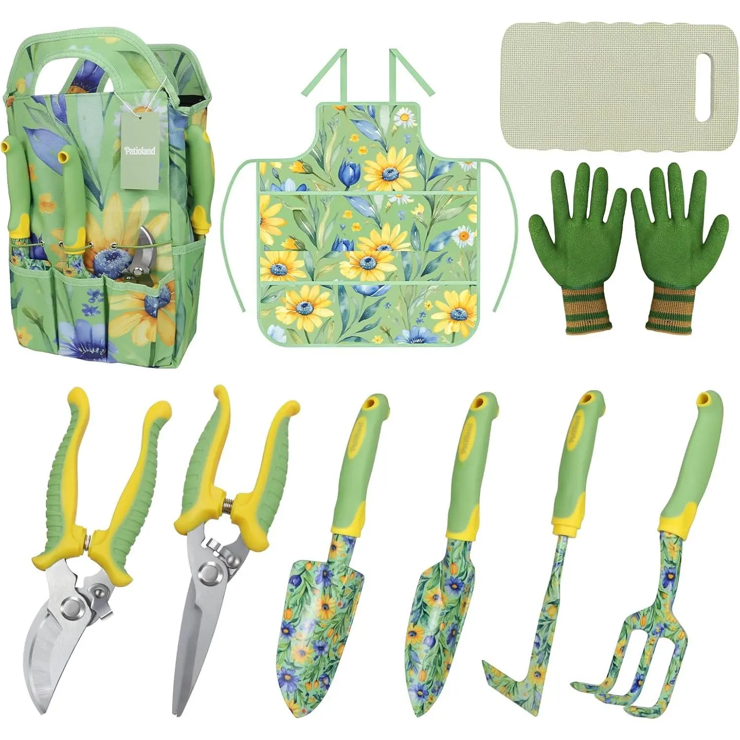 10-Piece Garden Tool Set – Green Floral Print Gardening Hand Tools with Non-Slip Handles, Heavy Duty Rust-Proof Aluminum Tools, Organizer Tote Bag, Ideal Gardening Gifts  Women & Grandma