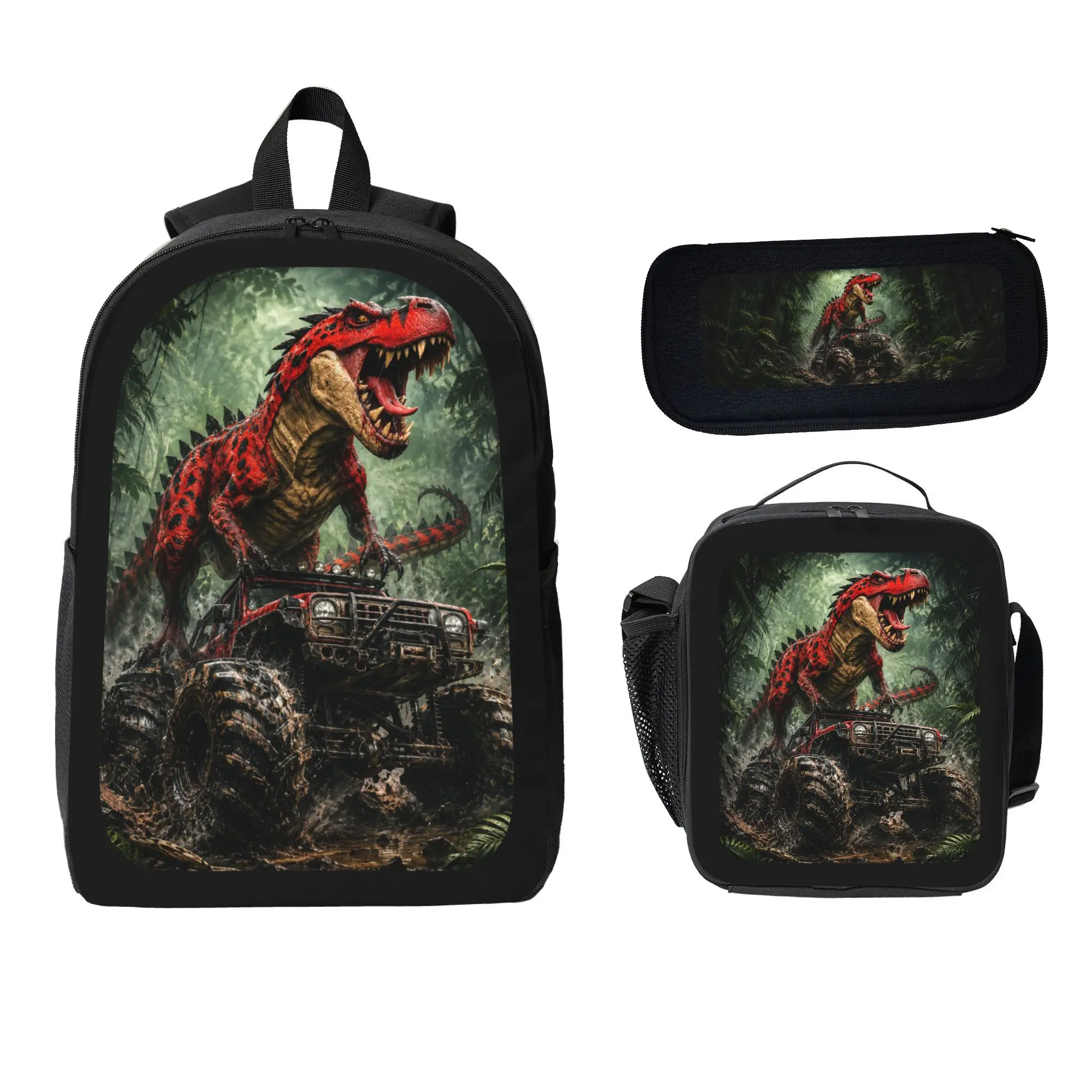 Boys Backpack for School, 3-Piece Dinosaur Monster Truck Set with Insulated Lunch Bag & Pencil Case, Waterproof Polyester, Cool Gifts for Kids