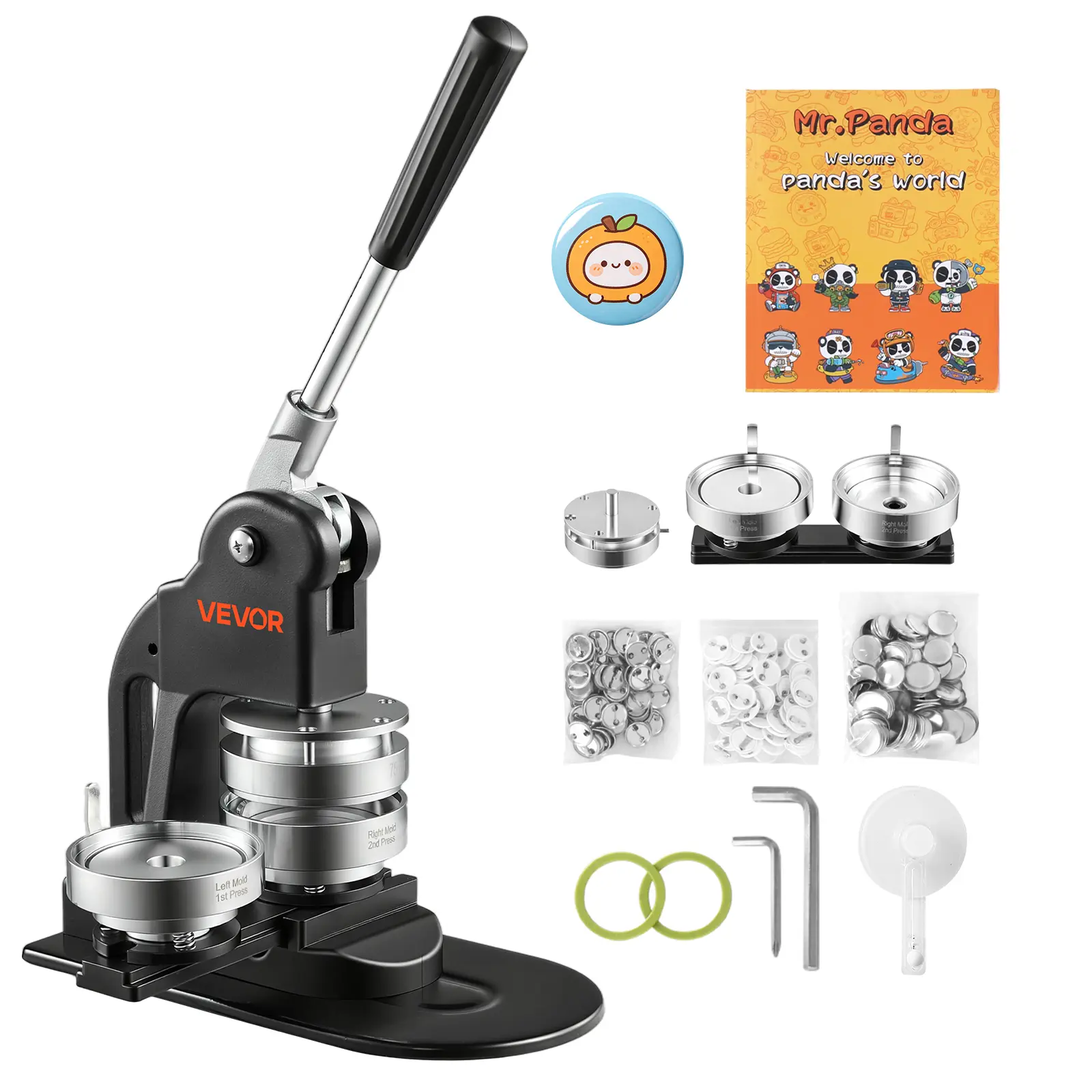 VEVOR 3" (75mm) Button Maker Machine, DIY Badge Making Tool with 500pcs Black Tinplate Button Parts, Circle Cutter, Magic Book, Hex Wrenches & Ergonomic Handle for Crafts