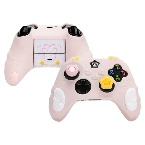 GeekShare Pink Star Wings Xbox Series X Controller Grip Cover Set - 3 Pieces Protection Kit (1 Silicone Controller Skin, 2 Thumb Grip Caps, 2 Custom Stickers), Cooling Wings Game Peripherals for Enhanced Gaming Experience (Skin+Sticker Included)