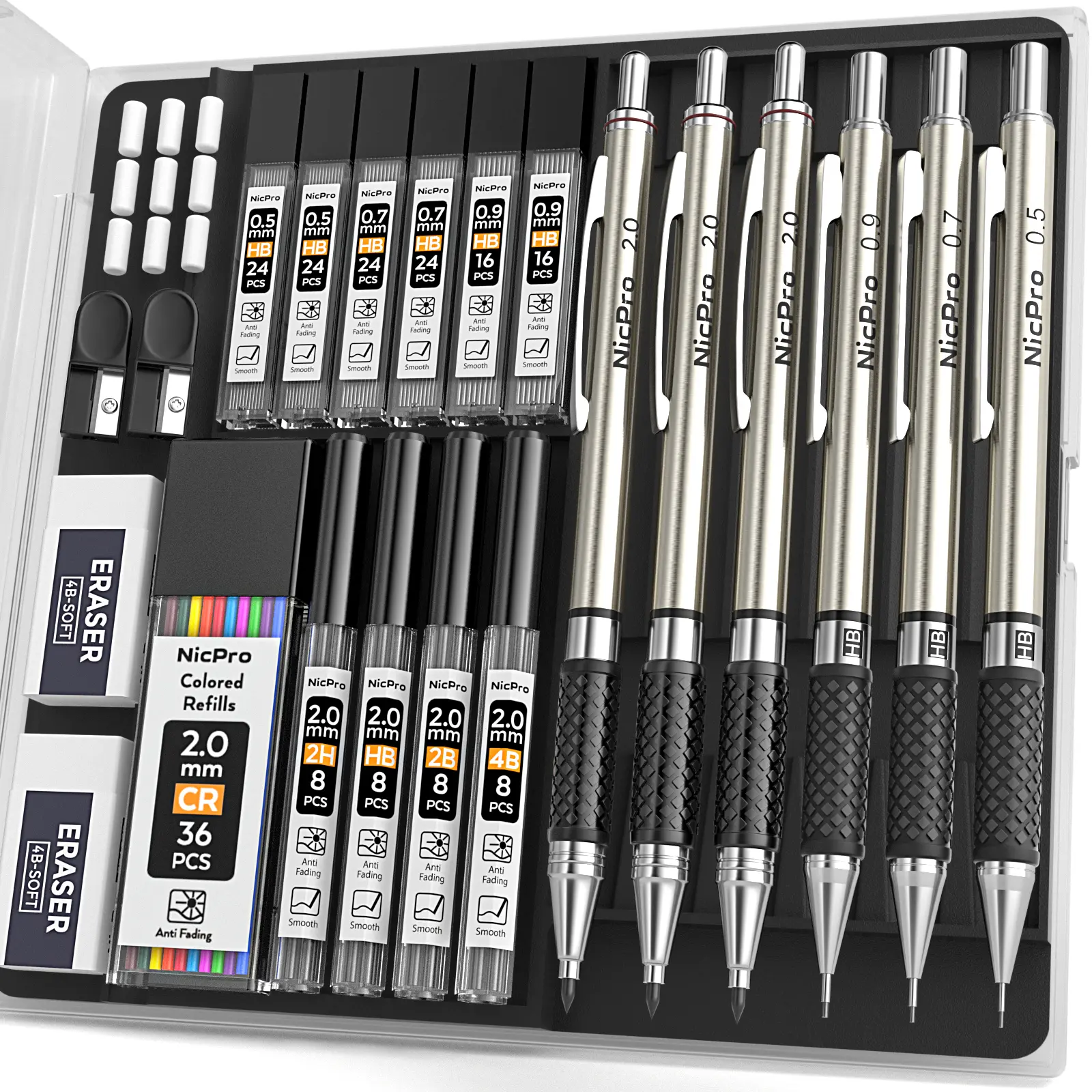 Nicpro Art Mechanical Pencil Set,  Metal Drawing Pencil 0.5 mm & 0.7 mm & 0.9 mm & 2mm Graphite Lead Pencil (4B 2B HB 2H) For Student Artist Writing, Sketching Drafting,back to school,back to school shopping