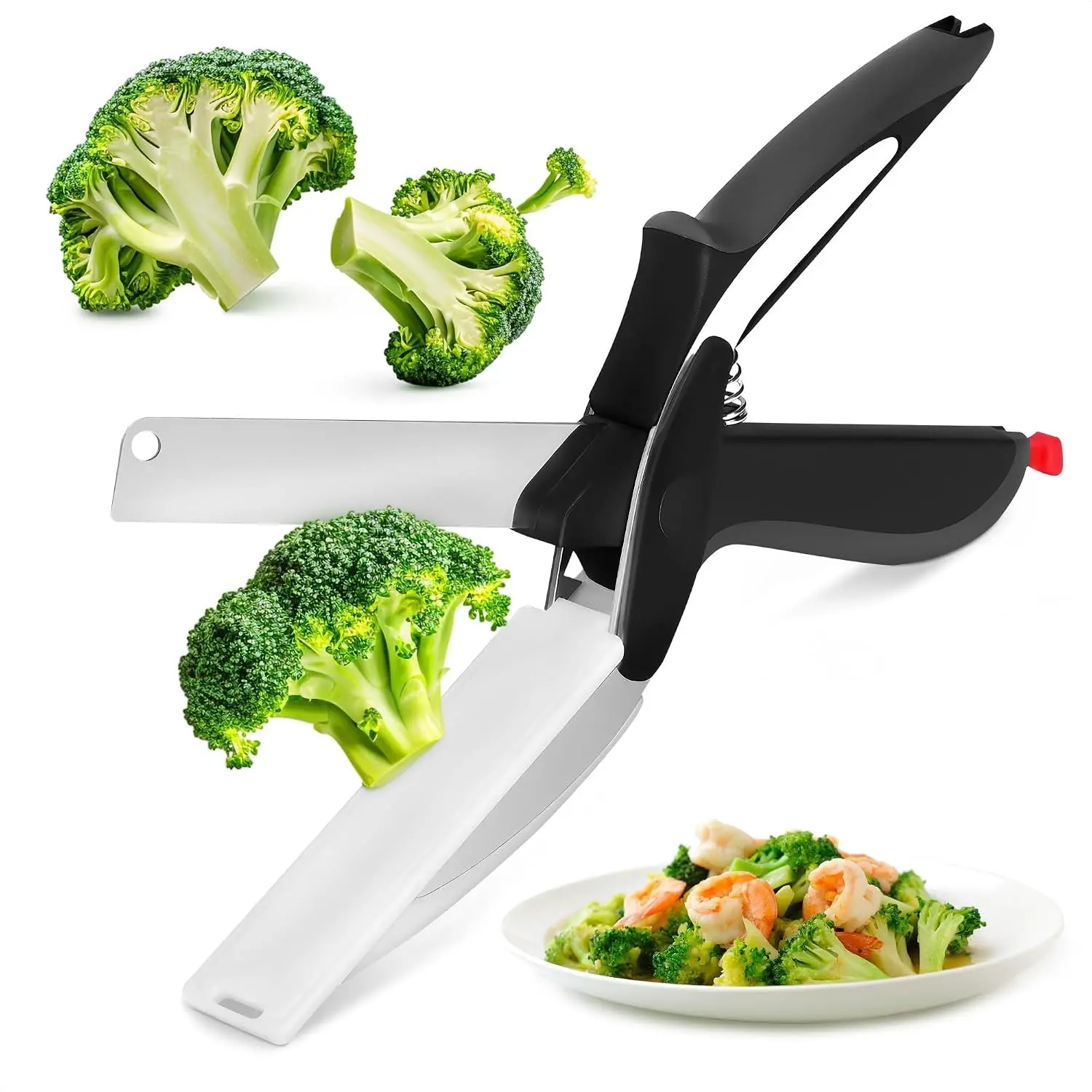 9.6" Stainless Steel Blade 2-in-1 Kitchen Food Scissors with Built-in Cutting Board, Safety Lock & Handle, Multifunctional Cutter for Fruit, Vegetable, Meat