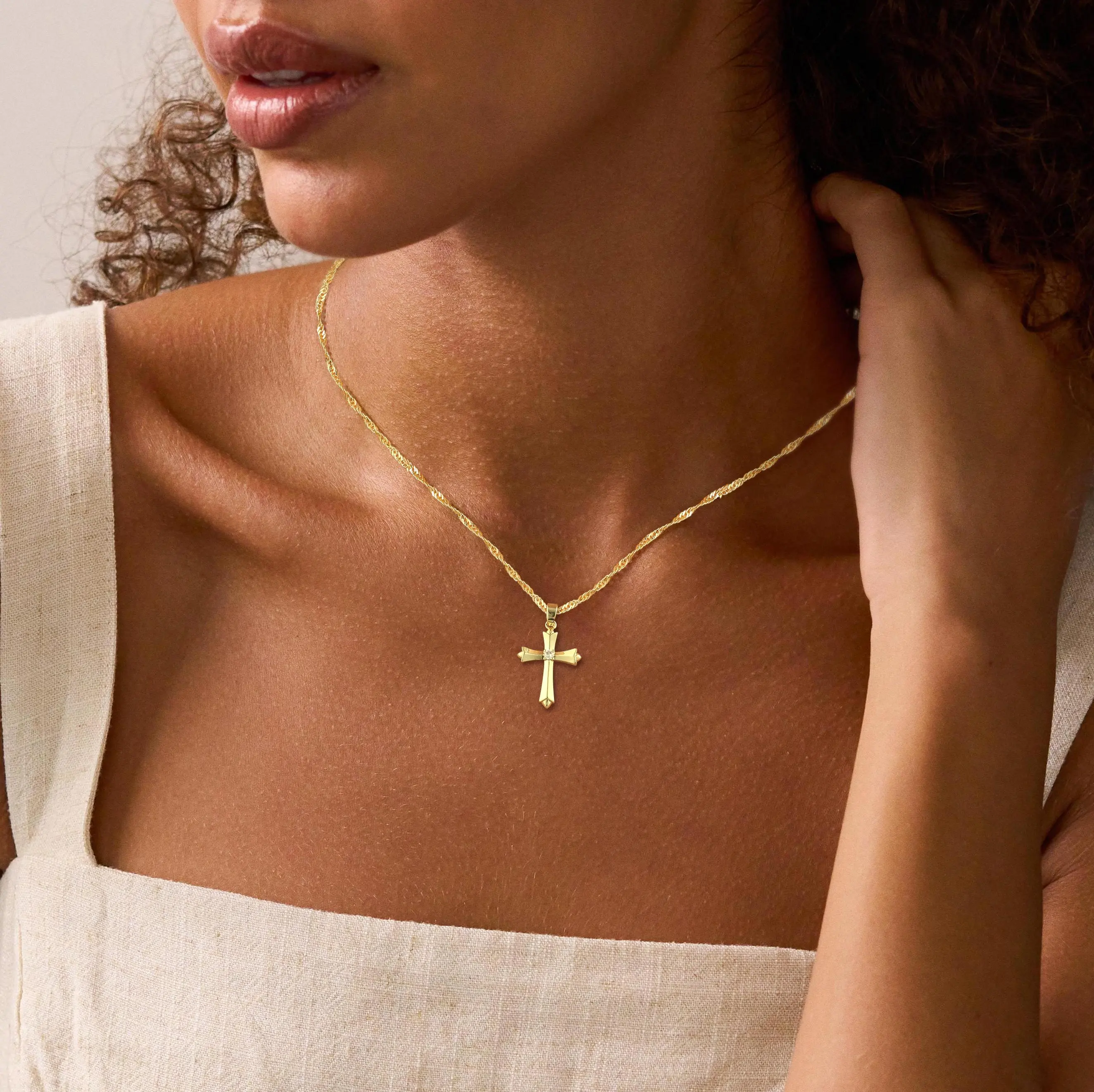 ASCOMY 14k Gold Plated Cross Necklace on Twisted Chain | Solid Copper Core | Dainty Water Wave Chain with Zirconia