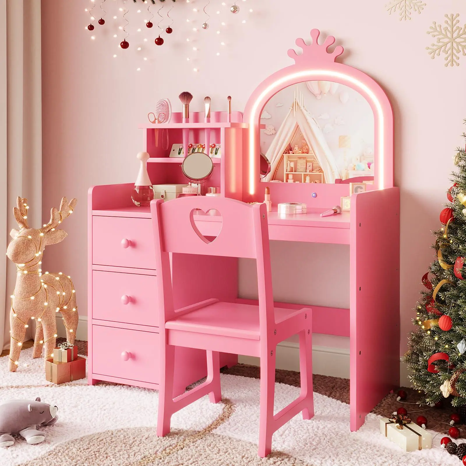 GARVEE Kids Wooden Vanity with Mirror & Light, White Princess 2-in-1 Dressing Table Set with Chair, Storage Shelves and Drawers (Indoor Furniture Set)