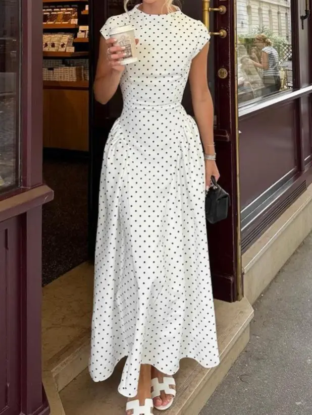 Polka Dot Sleeveless Maxi Dress,Cap Sleeve O-Neck Elegant Summer Party Long Dress,Wedding Guest Dresses Chic Womenswear backtoschoolshopping