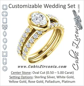 CZ Wedding Set, featuring The Lynette engagement ring (Customizable Cathedral-style Bezel-set Oval Cut 13-stone Design with Round Band Accents)