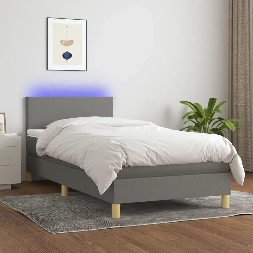 Box Spring Bed with Mattress&LED Dark Gray Twin Fabric