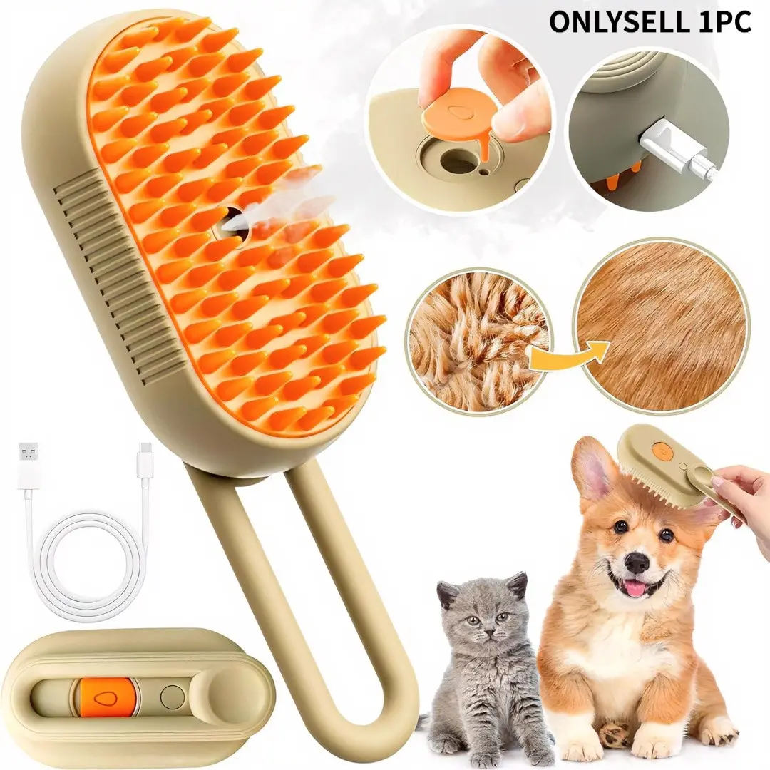 2 Kinds of Combs, Deshedding Tool, Steel-toothed Comb & Spray Cat Steam Brush for Shedding with Foldable Handle 4 in 1 Rechargeable Steam Brush for Cats and Dogs, Spritz Defur Comb Pet Spray Grooming Tool for Hair Removal & Massage Groomer Tools