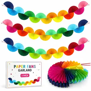 3 Pack Rainbow Wedding Paper Fan Garland – 15.6ft 3D Hanging Backdrop for Birthday, Bachelorette Party & Ceiling Decorations
