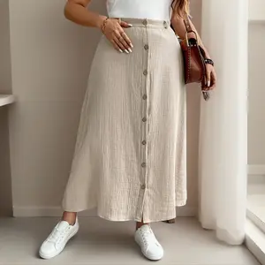 Plus Size Women Apricot Button Front Mid Length Skirt Casual Stylish Comfortable & Breathable Cotton Fabric for Everyday Wear & Office Outfits