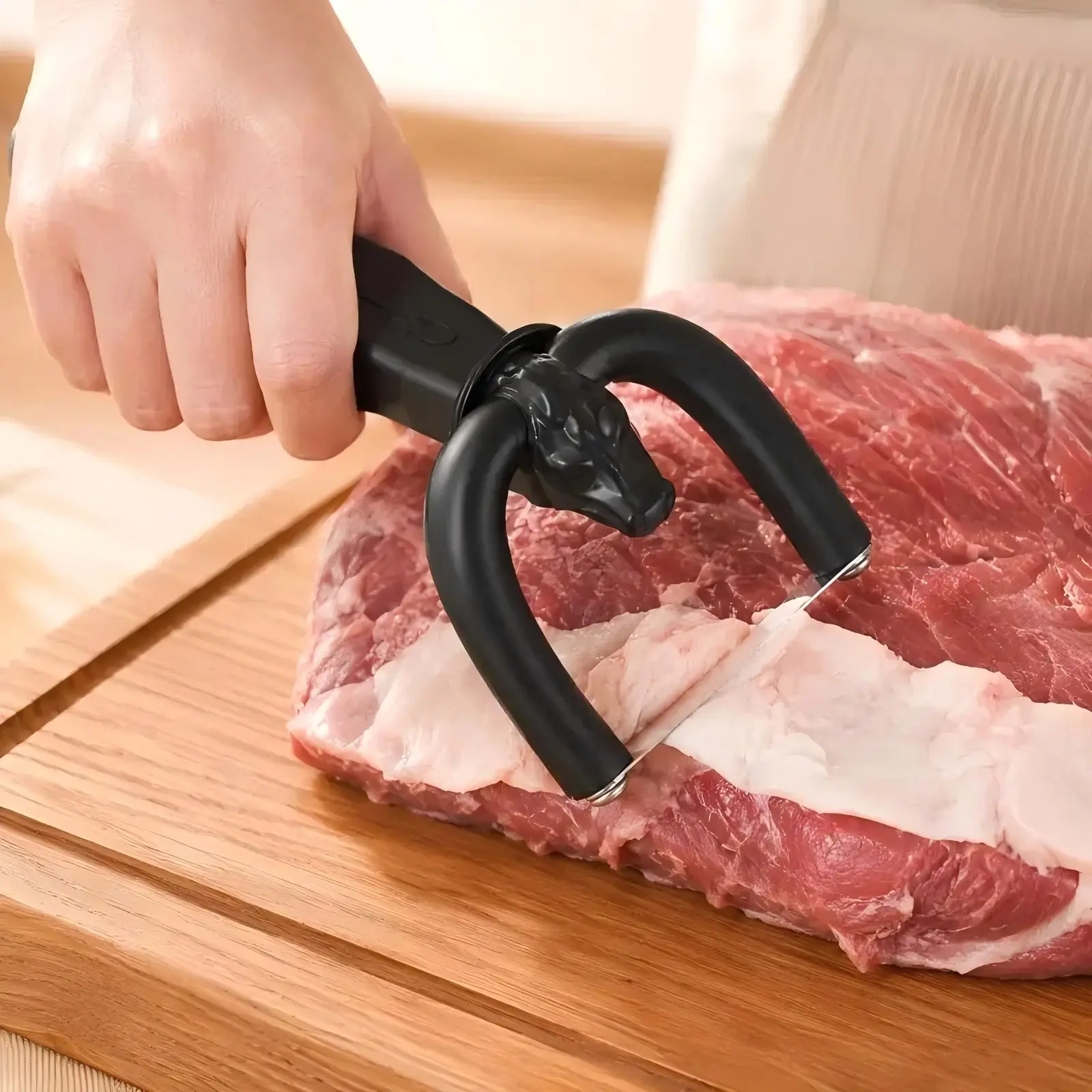 Sturdy Matte Black Handheld Beef & Pork Slicer - Ergonomic Kitchen Utensils with Smooth Curve, U-Shape Clamp for Meat Fat Trimming, Home Butchering