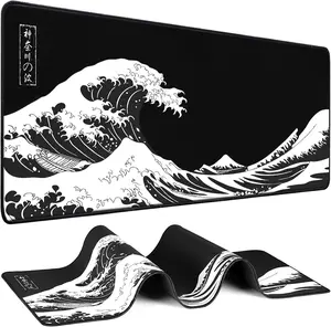 Japanese Great Wave Extended Gaming Mouse Pad - Large Desk Mat with Non-Slip Rubber Base, Stitched Edges, Waterproof Surface for Office Gaming Use