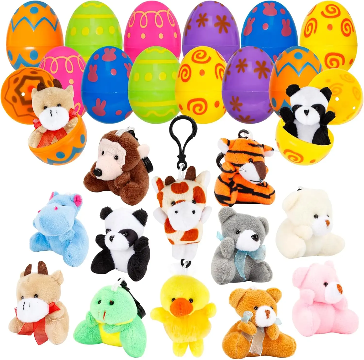 12 Pack Prefilled Easter Egg Fillers with Mini Animal Plush Toy Fillers for Easter Egg Hunt, Easter Basket Stuffers Gifts for 3-8 Year Old Kids Boys Girls Toddlers Easter Party Favors (Animal), Plastic Easter Eggs, Family Fun