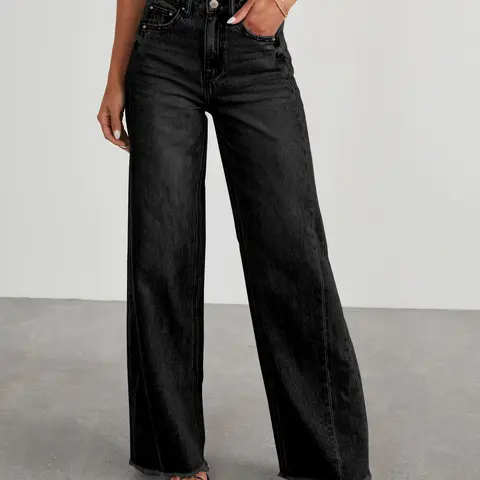 Women's Soft High-Waisted Stretch Denim Jeans - Button Closure, 90s Fashion Jeans, Baggy Wide-Leg, Preppy Fit, for Everyday Wear & Party, XL Size, Retro Basic