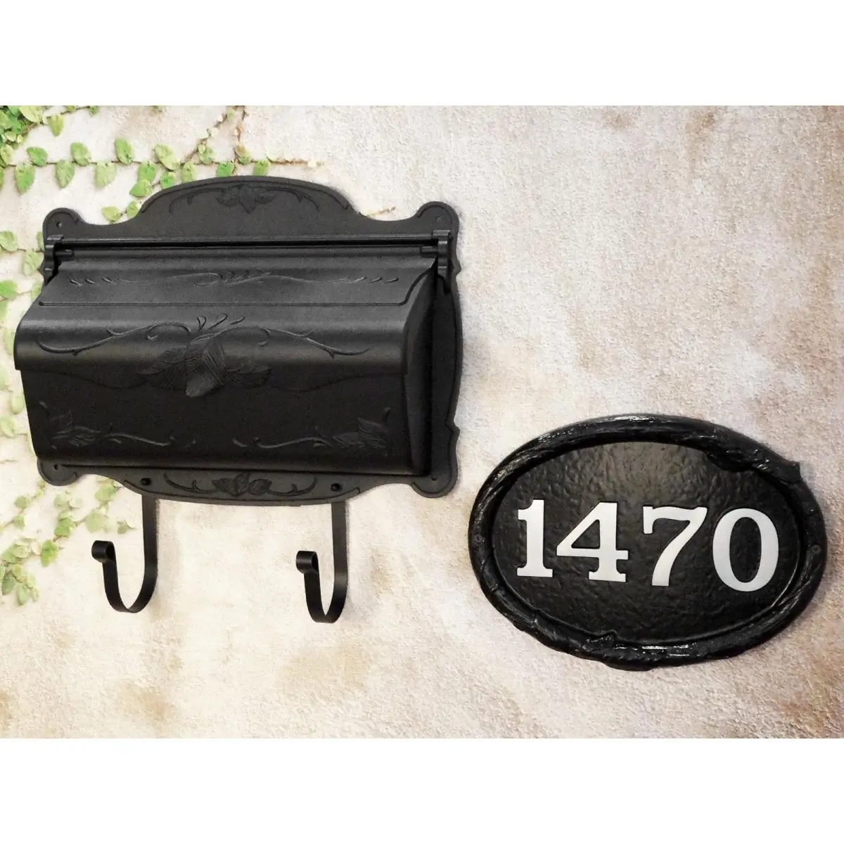 Special Lite Products SHF-1001-BLK-SAP-4350-100-BLK Traditional Aluminum Flowers Horizontal Wall-Mount Mailbox & Address Plaque, Bold Italic Font, Embossed Leaves, Black Home Supplies Decor Sign