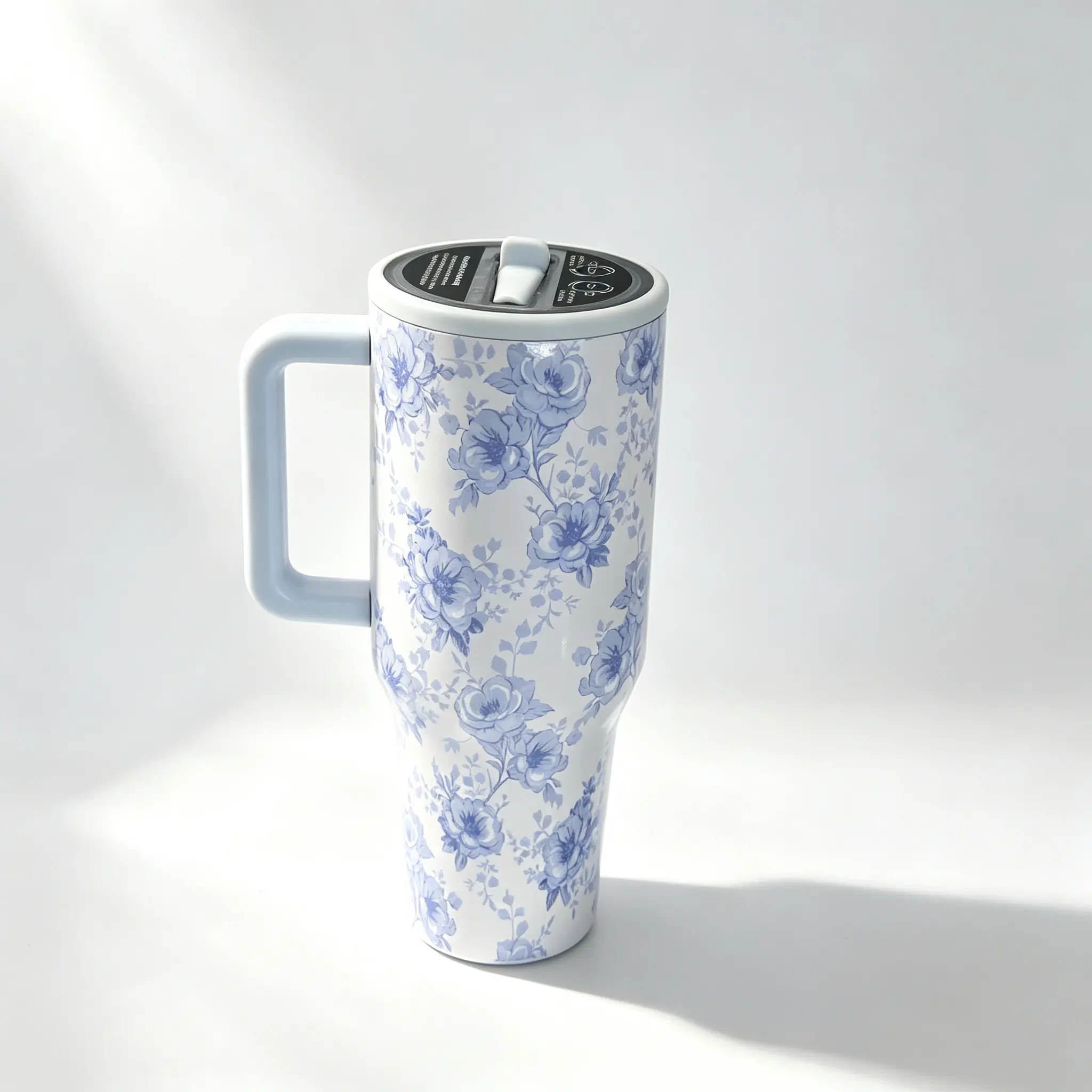 HydroJug 40oz Blue Floral Pattern Insulated Stainless Steel Water Bottle, 24-Hour Cold Retention, Leak-Proof Design With Handle And Straw, Non-Slip Rubber Base, Portable Insulated Travel Tumbler, Car Cup Holder Compatible, Ideal For Outdoor And Beach Use