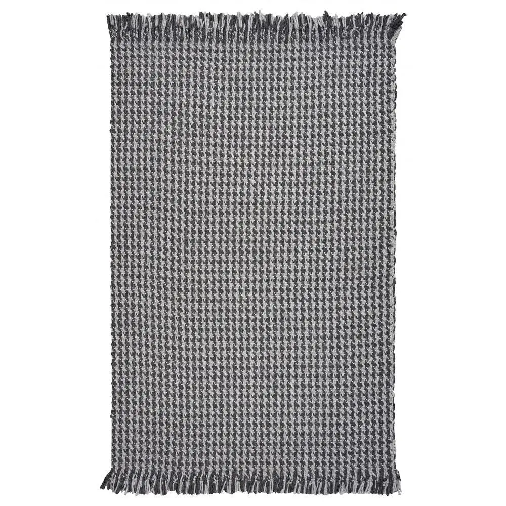 8' X 10' Gray And Light Gray Wool Houndstooth Hand Woven Area Rug With Fringe