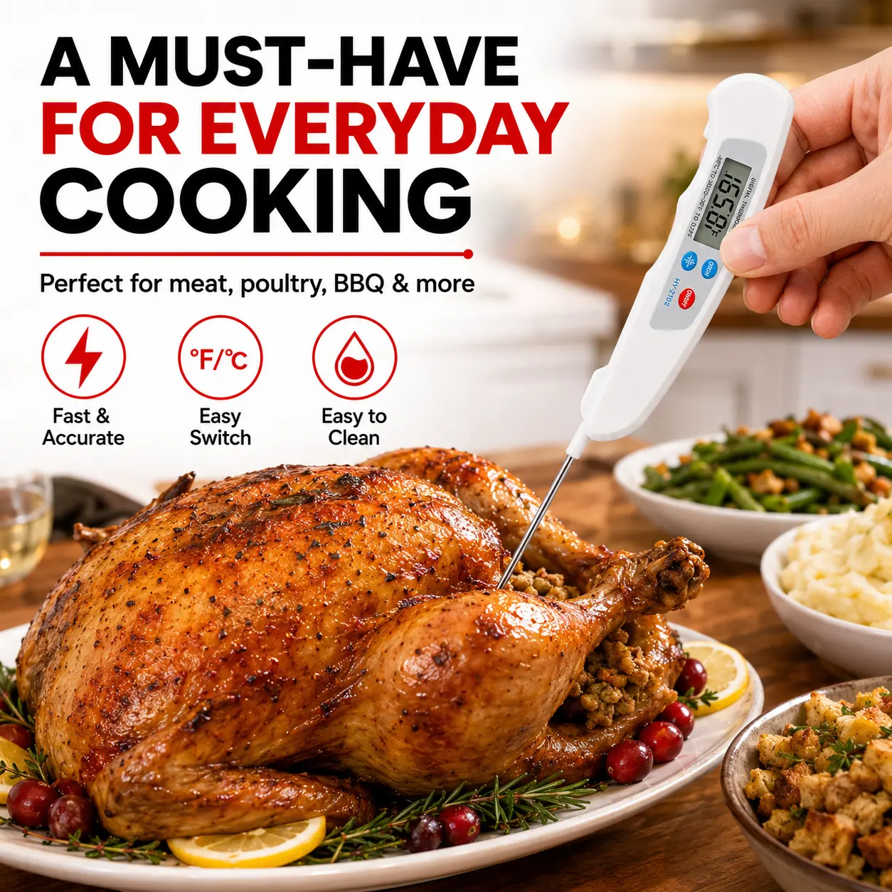 Portable Foldable Stainless Steel Handheld Digital Instant Read Meat Thermometer - Accurate Plastic Kitchen Tester for Indoor Grilling, Smoking, Candy Making, Oil Temperature Monitoring