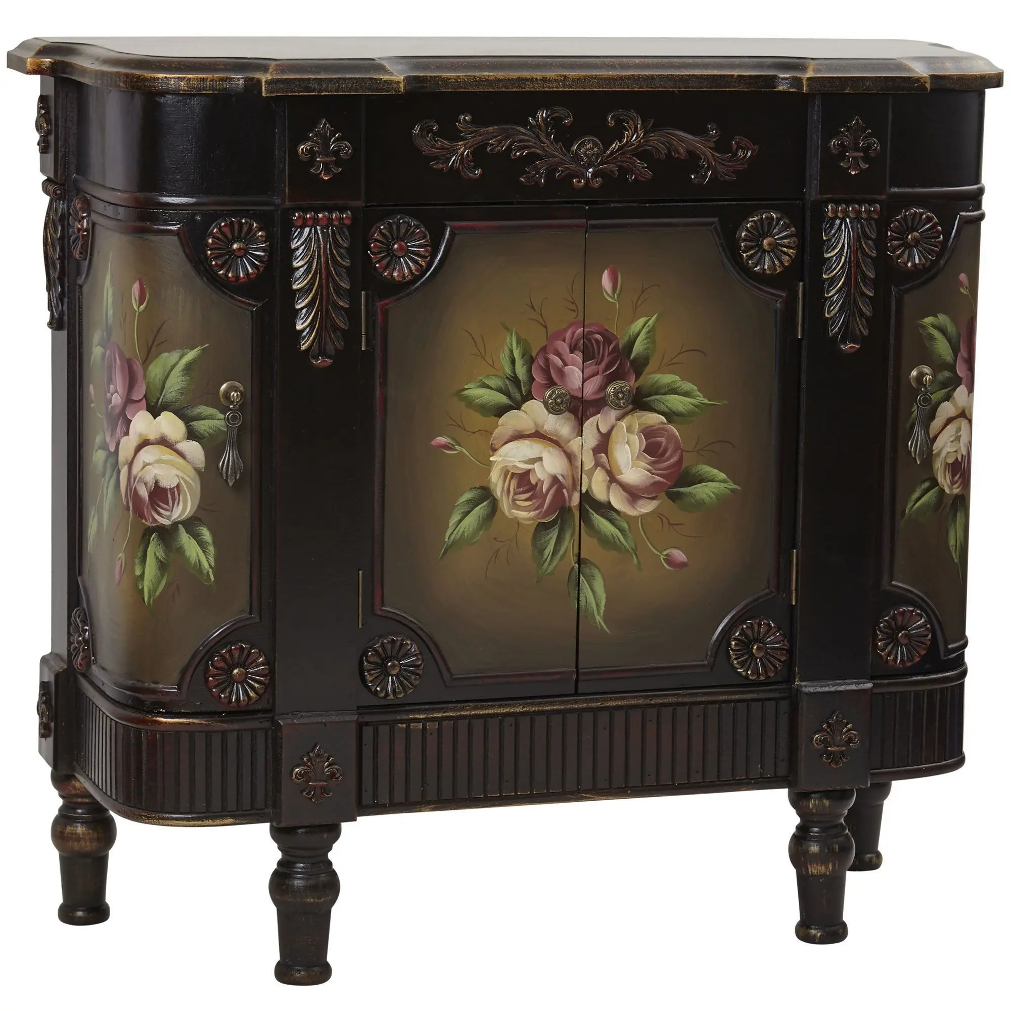 Traditional French Vintage Style Glossy Finish Wood Floor Cabinet - Indoor Storage Furniture, Peonies-Themed Sideboard Buffet Cabinet