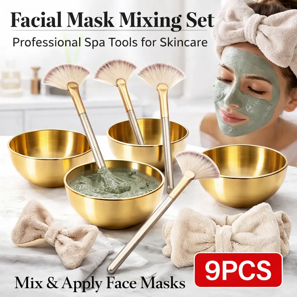 9pcs Facial Mixing Bowls & Brush Set - 4 Stainless Steel Bowls, 4 Fan Mask Brushes, 1 Headband, Esthetician Facial Care Tools Beauty Equipment for Face Masks, Home Beauty Tool, Mother's Day Gift
