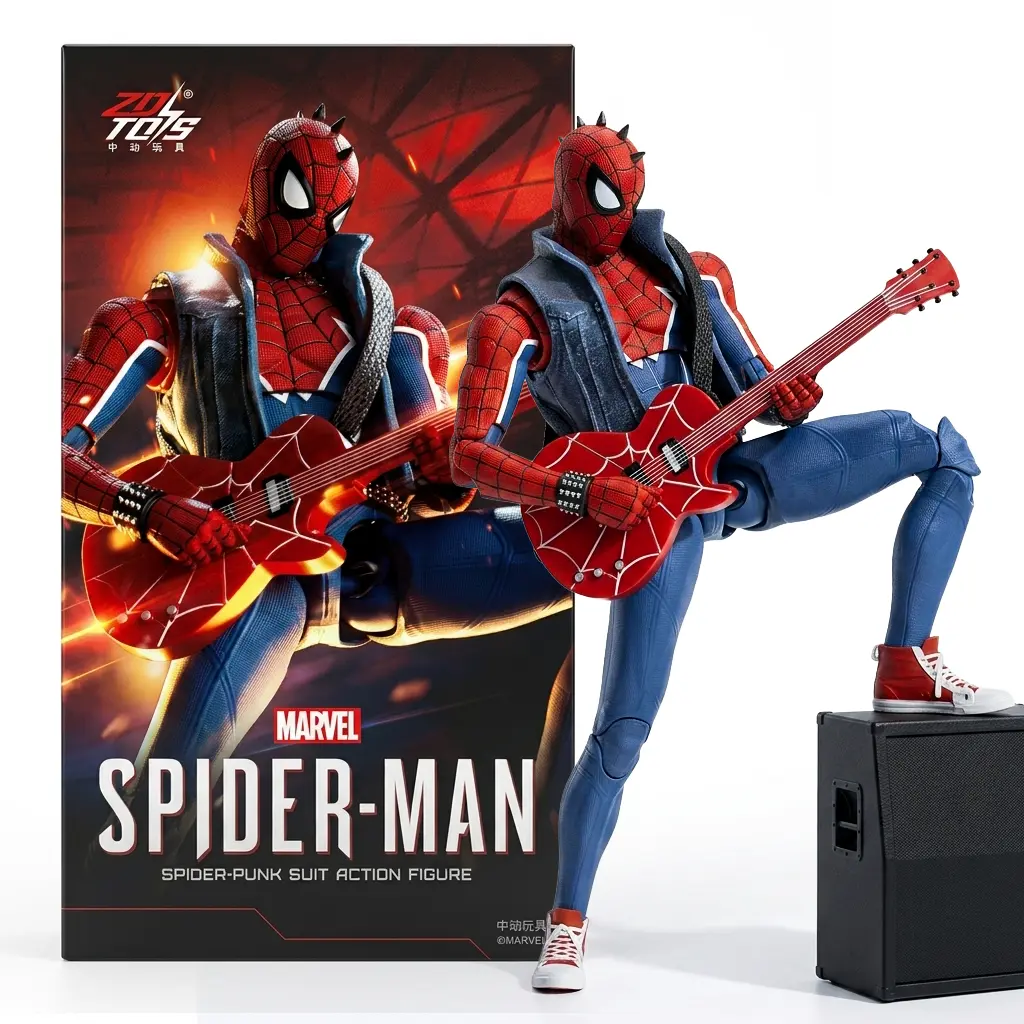 Marvel Spider-Man Spider-Punk Suit 1:10 Action Figure, 7-Inch Gamerverse Collectible with Guitar, Web Effects, Magnetic Eyes & Display Stand