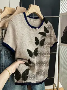 Women's Simple Artistic Letter Butterfly Animal Print Knit Sweater T-Shirt, Round Neck Short Sleeve, Casual Breathable Top Knitwear, Knit Pullover