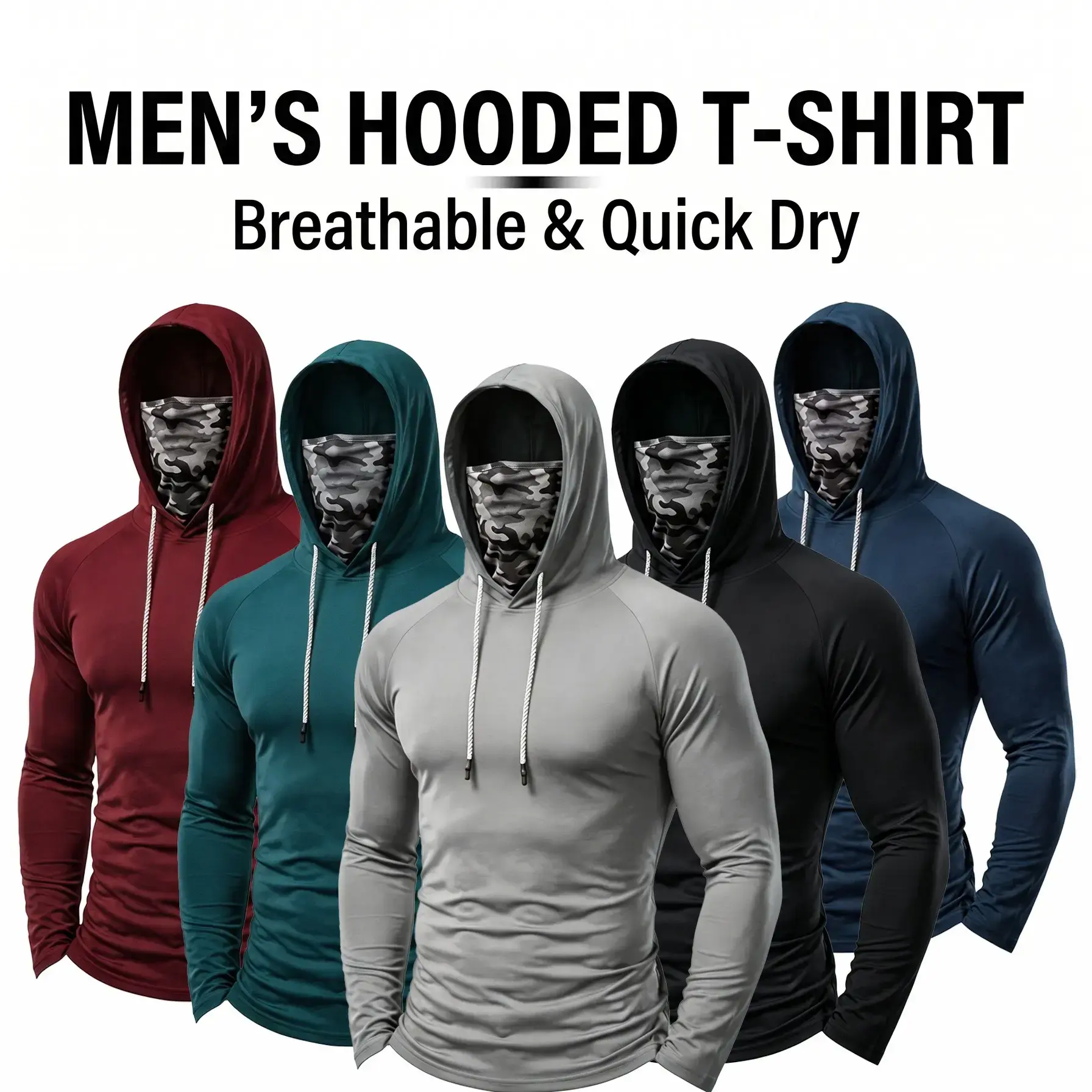 6 Pack Men's Active Hoodies, Fitted Plain Long Sleeve Moisture Wicking Shirt with UPF 50+ Sun Protection & Face Mask for Fishing, All Season, Cotton, Pullover