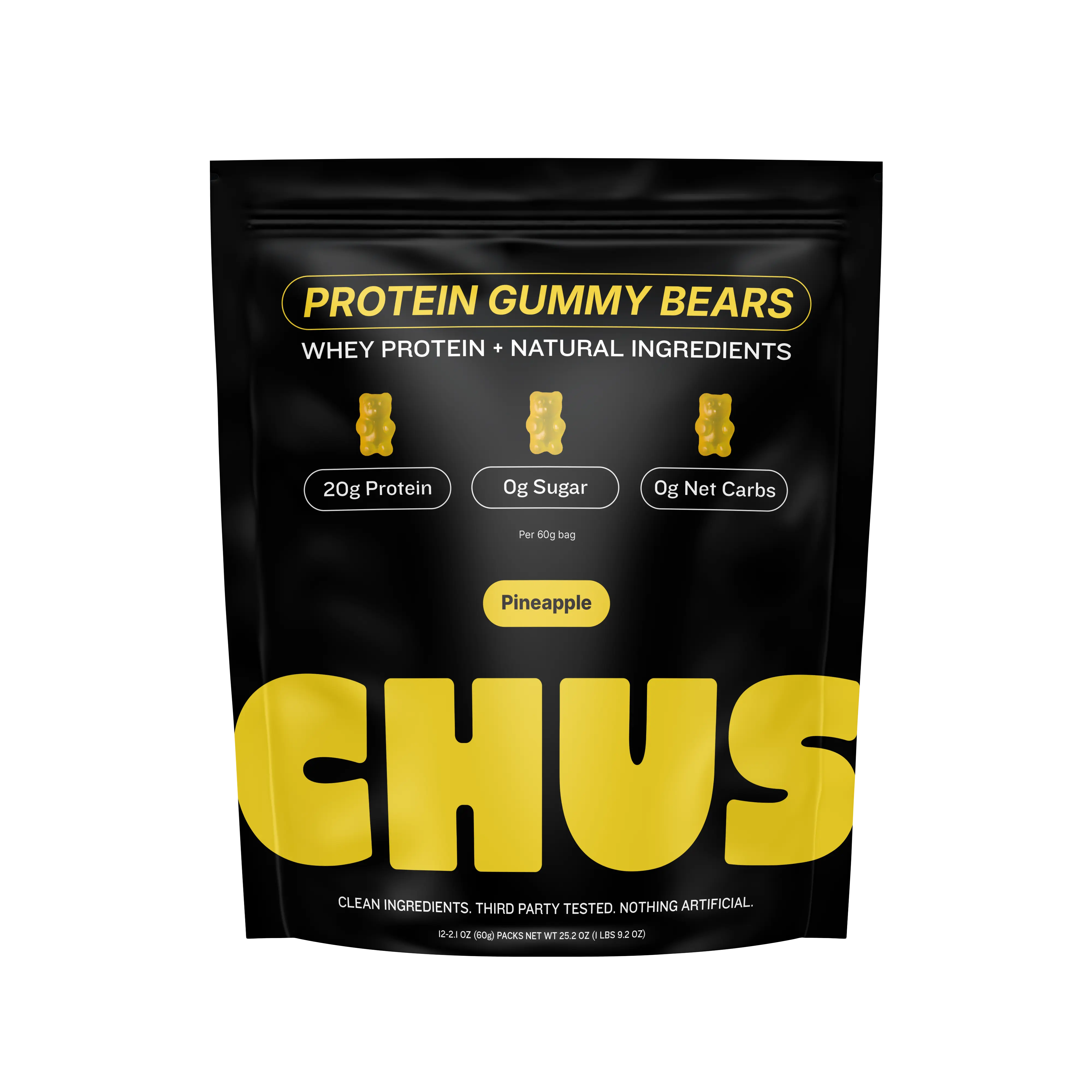 Chus Protein Gummy Bears | 20g of Whey Protein Isolate per Pack | 12-Pack Pineapple Flavor