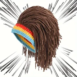 Men's Fashion Knitted Beanie - Comes with a wig design, soft and warm winter headwear, colorful striped trendy style, street style accessory, durable and long-lasting, a must-have for urban casual wear.