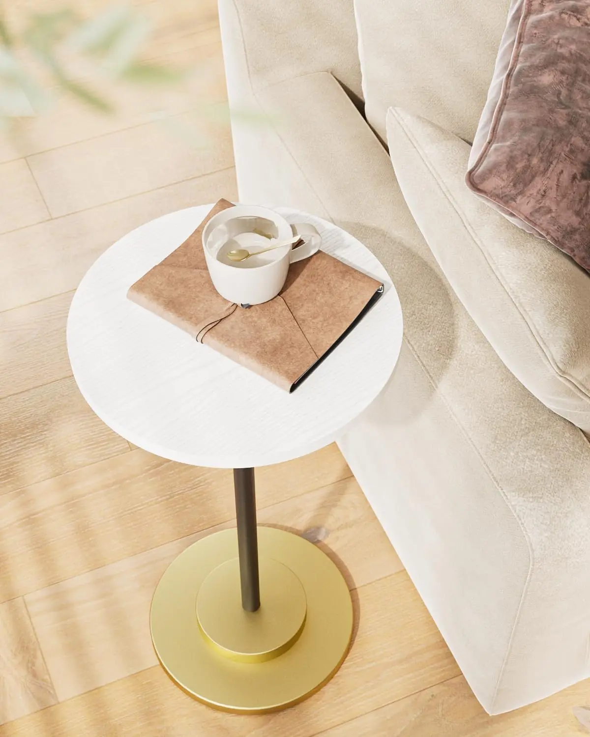 Masupu White Round Pedestal Side Table - Small End Table with Metal Base for Living Room, Bedroom (Space-Saving Indoor Furniture)