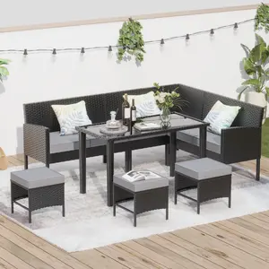 Patio Furniture Set 7-piece Outdoor Furniture Set, backyard furniture set, waterproof seat cushion, glass table, space saving, suitable for backyard, terrace or garden,blue,grey