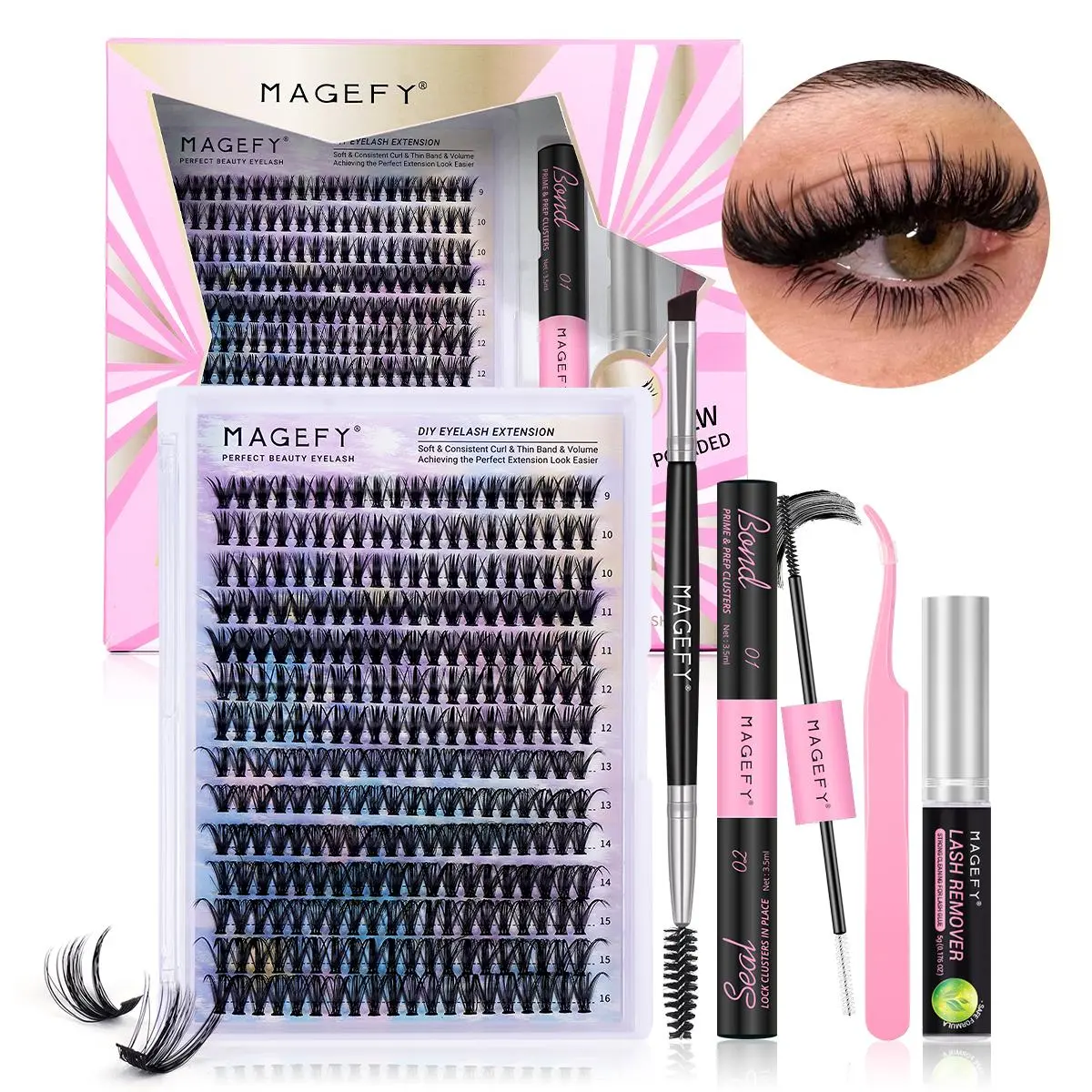 Magefy 50D DIY Lash Extensions Kit, Includes Lash Tools: Bond & Seal, Tweezers, Lash Glue Remover, Dual-End Eyeliner Brush, 280pcs Cluster Lashes, Eyelash Clusters, Eyelash Extensions Set, False Eyelash Extension