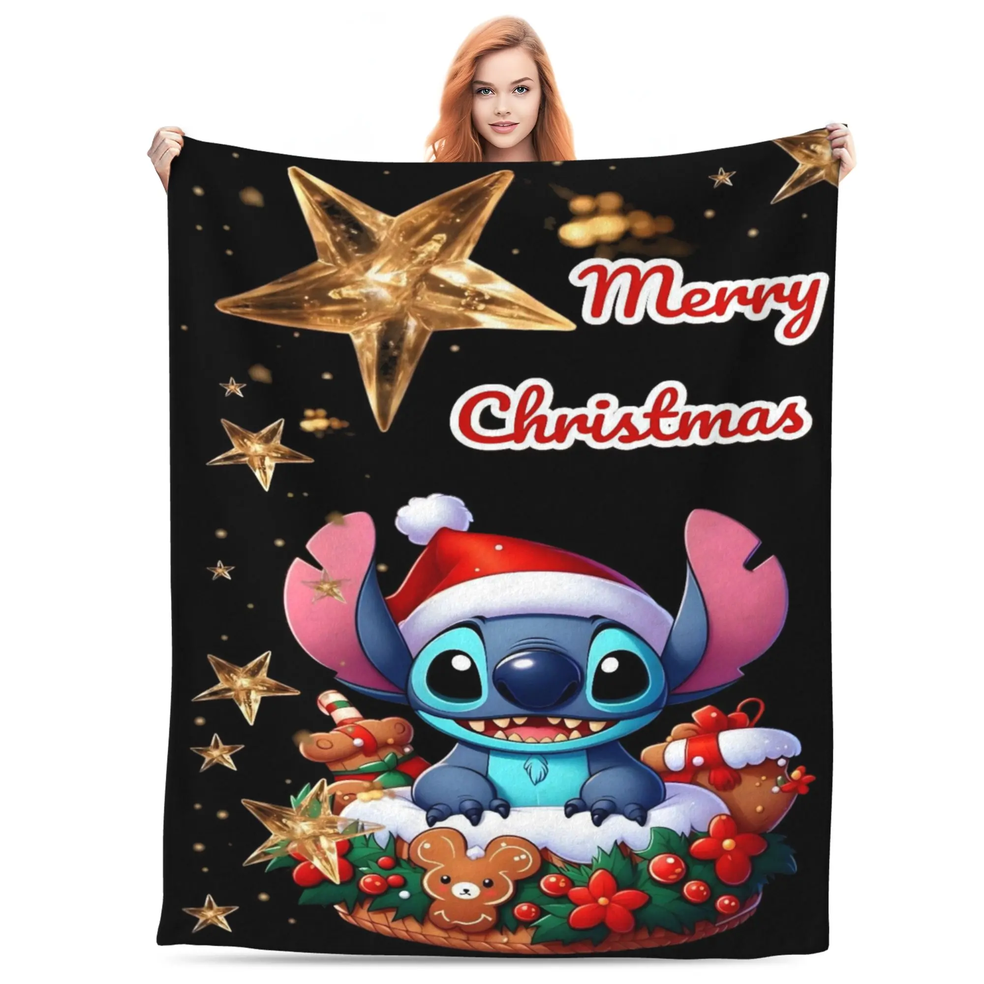 [SummerVibes] DISNEY CLASSIC Lilo & Stitch Merry Christmas Cartoon Soft Throw Blanket - Cozy Plush Holiday Blanket for Bedroom, Sofa, Christmas Decoration & Gift
