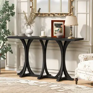 59.8'' Wooden Console Table with Oak Veneer Top,Farmhouse Entryway Table with Rubber Wood Slender Curved Legs,Perfect for Living Room,Entryway,Hallway, Dining Spaces.
