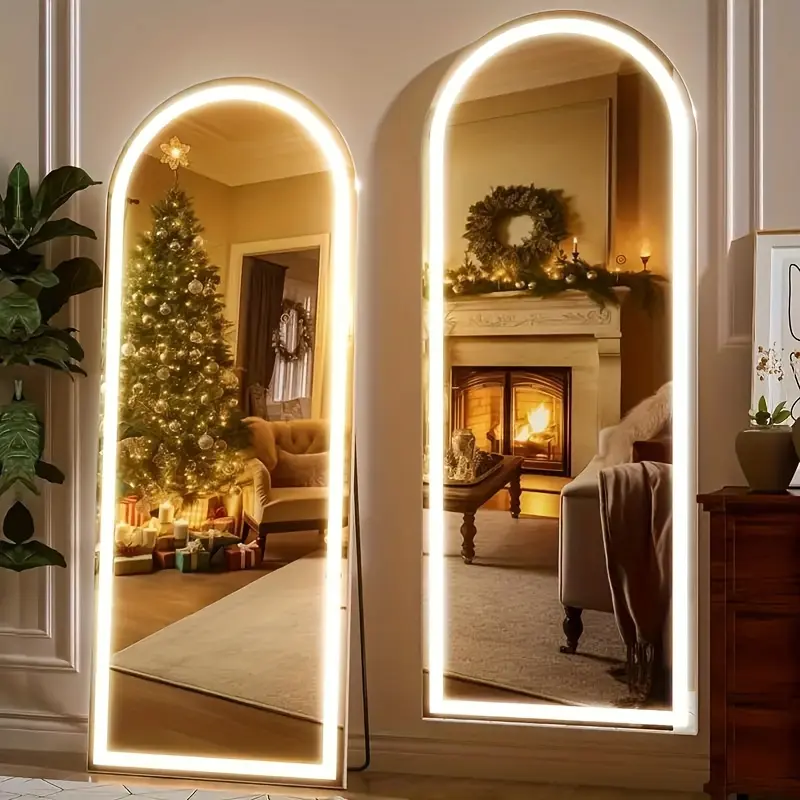 Arched Gold LED Lit Arched Dressing Mirror - 16"x60" Durable Glass Interior Lighted Mirror with Aluminum Frame, Energy-Efficient Space-Saving Gold Indoor Furniture for Bedroom, Living Room