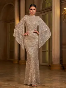 Long Sleeve Elegant Round Neck Sexy Long Sequin Evening Dress Bridesmaid Dress for Women Womenswear Glitz