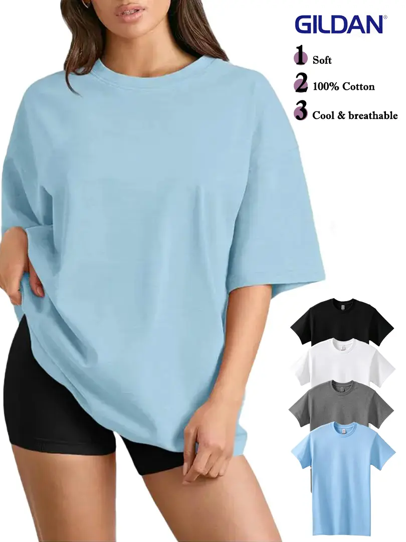 Gildan Women's 4-Pack 100% Heavyweight Cotton T-Shirt Set, Casual Everyday Tee, Basic Round Neck Drop Shoulder Short Sleeve Oversized Loose-Fit Plain Basic Tops, Black+White+Light Blue+Military Green, Cold Wash, Soft Tag-Free Shirts for Women