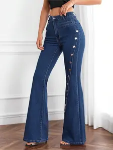 Women's Casual High-Waisted Jeans, Featuring A Multi-button Design, Medium-stretch Fabric, Dark Blue Slimming Flared Style. Fashionable And Versatile Denim Trousers Are Suitable For All Seasons