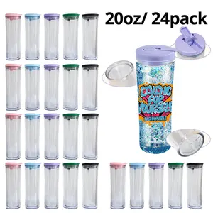 Crafix 24-Pack 20oz Double-Wall Plastic Tumbler Water Bottles with Flip Straw Lid, Washable Portable Cups, Pre-Drilled Hole, Suction Nozzle, Silicone Plug, 6 Colors Mixed for DIY, Festive Gifts
