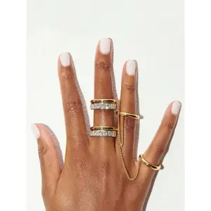 1-Piece Fashion Zircon Stainless Steel Double Chain Ring, Women's Gold Plated Tassel Chain Hip Hop Jewelry Waterproof Ring, Women's Jewelry