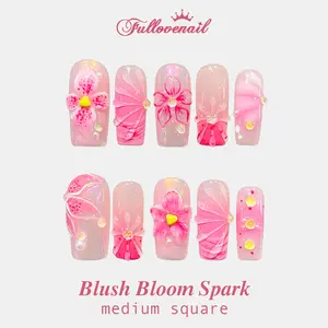 Fullovenail Blush Bloom Spark Medium Square 10 PCS Reusable 3D Gel Fake Nails Acrylic Press on Nail Summer 2025 Colorful Art Pink Flower Handmade Unique Design