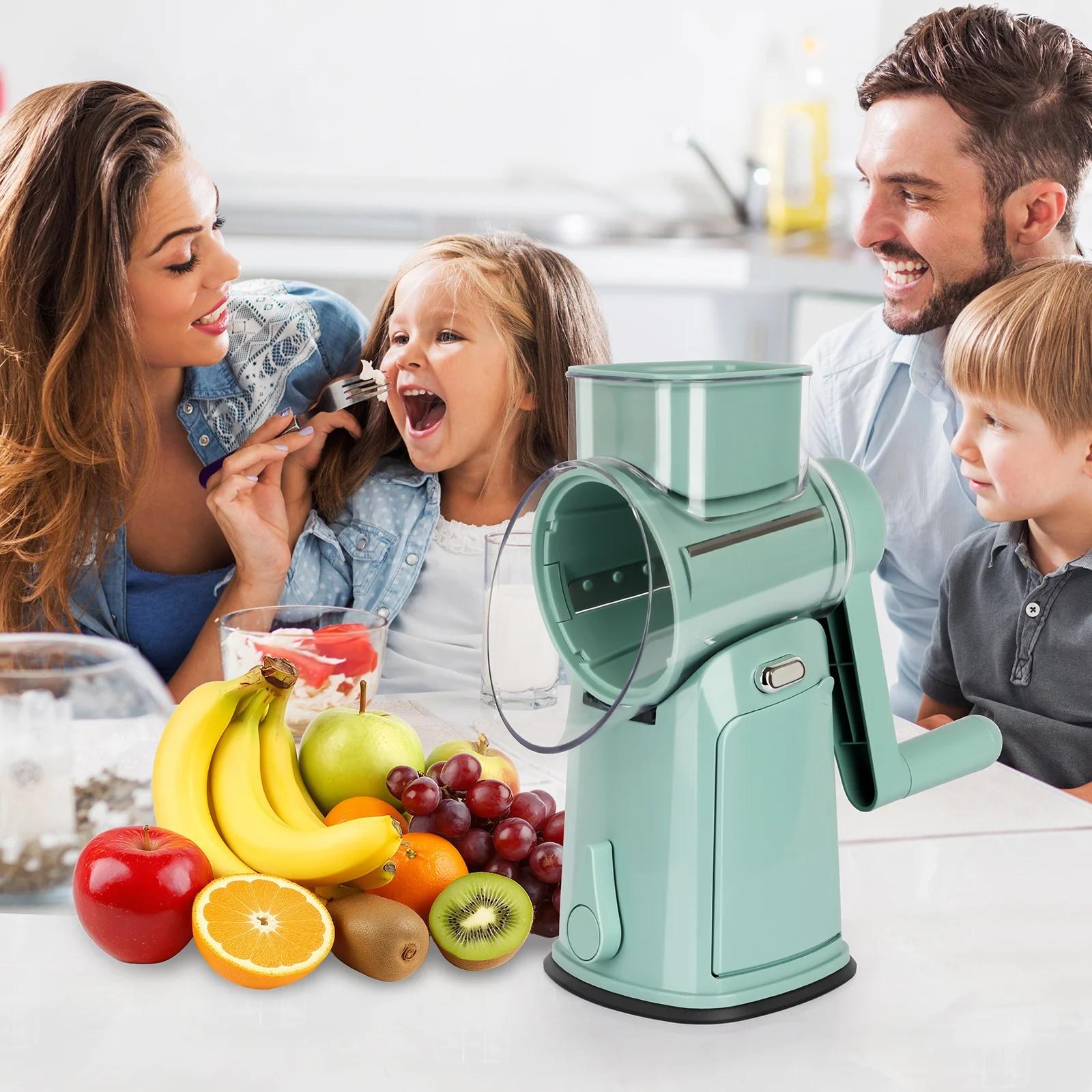 TOIAMOI Hand Rotary Cheese Grater with 10 Blades, Peerler & Cleaning Brush with Blade Storage, Easy to Clean Detachable Mandoline Slicer for Vegetable, Fruit, Strong Suction Base for Kitchen