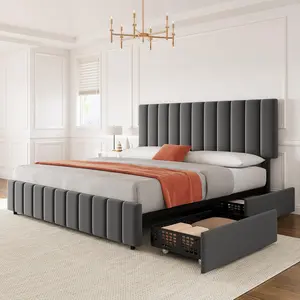 Contemporary Upholstered King Linen Bed Frame with Adjustable Height Headboard, Modern Platform Bed, 4 Storage Drawers, Wooden Slats Support, No Box Spring Needed, Grey, Contemporary Upholstered Bed