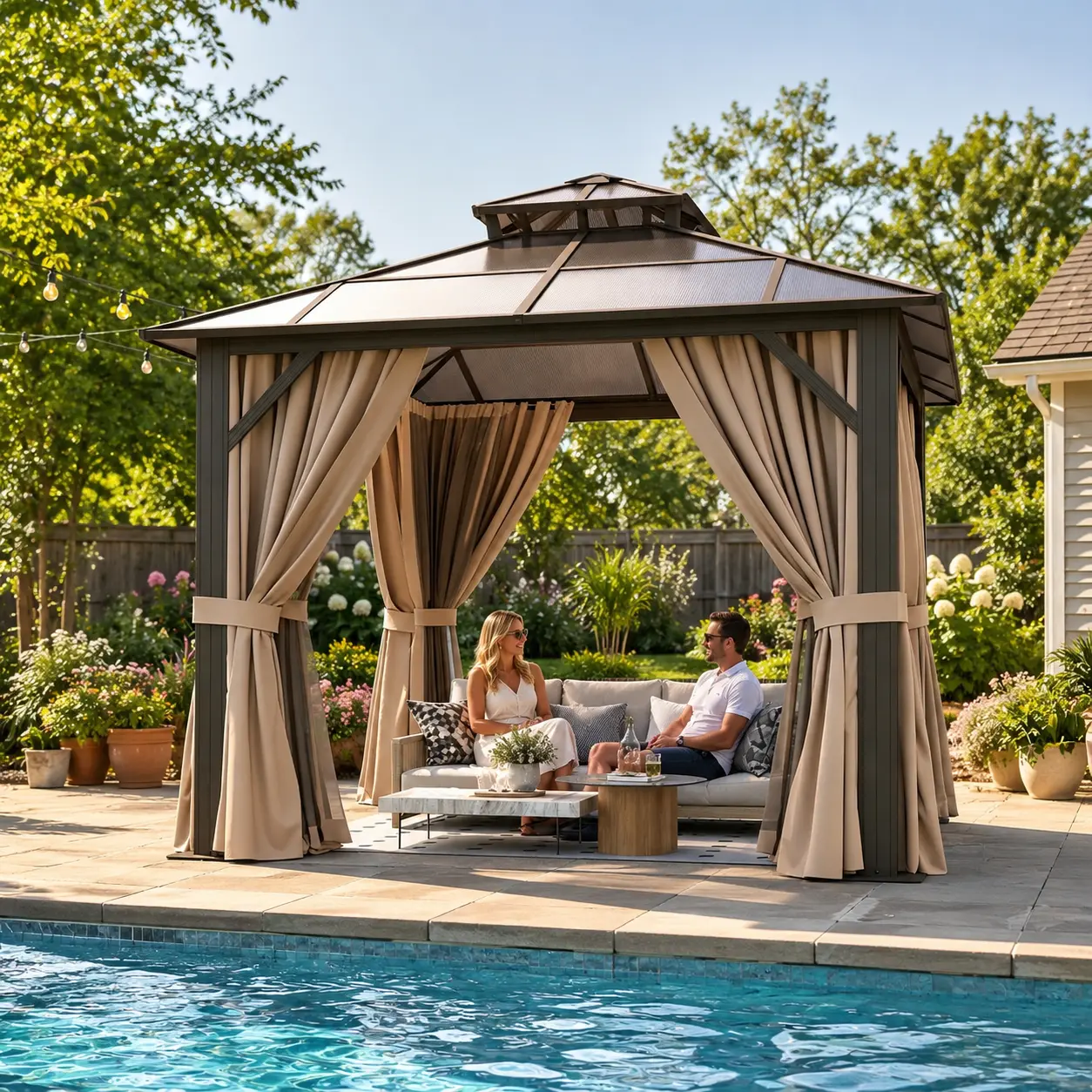 Aoxun Permanent Pavilion Pergola Hardtop Gazebo, Sturdy Metal Frame, Double Polycarbonate Sun Protection Roof, Removable Curtains & Netting, Stable Outdoor Patio Structure for Backyard, Garden
